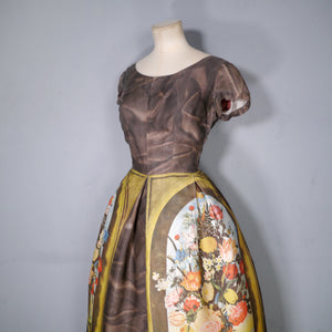 60s BROWN AMBROSIUS BOSSCHAERT STILL LIFE BORDER FLORAL DRESS - S