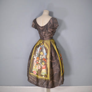 60s BROWN AMBROSIUS BOSSCHAERT STILL LIFE BORDER FLORAL DRESS - S