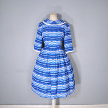 Load image into Gallery viewer, 50s 60s BLUE PATTERNED FLANNEL DRESS WITH FULL SKIRT AND COWL COLLAR - S