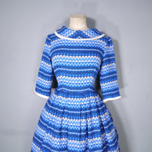 Load image into Gallery viewer, 50s 60s BLUE PATTERNED FLANNEL DRESS WITH FULL SKIRT AND COWL COLLAR - S