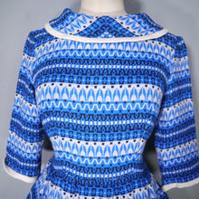 Load image into Gallery viewer, 50s 60s BLUE PATTERNED FLANNEL DRESS WITH FULL SKIRT AND COWL COLLAR - S