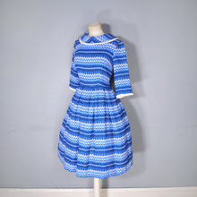 Load image into Gallery viewer, 50s 60s BLUE PATTERNED FLANNEL DRESS WITH FULL SKIRT AND COWL COLLAR - S