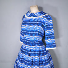 Load image into Gallery viewer, 50s 60s BLUE PATTERNED FLANNEL DRESS WITH FULL SKIRT AND COWL COLLAR - S