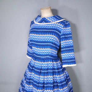 50s 60s BLUE PATTERNED FLANNEL DRESS WITH FULL SKIRT AND COWL COLLAR - S