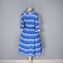 Load image into Gallery viewer, 50s 60s BLUE PATTERNED FLANNEL DRESS WITH FULL SKIRT AND COWL COLLAR - S