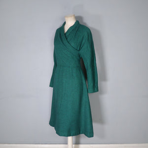 60s EMERALD GREEN WOOL DRESS WITH WRAP BODICE - M