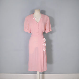 40s SOFT BALLET PINK TEA DRESS WITH SCALLOP AND BUTTON DETAIL - L / volup