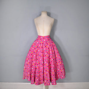 70s DAVID SILVERMAN HOT PINK LIQUORICE ALLSORTS MIDI CIRCLE SKIRT - 24"