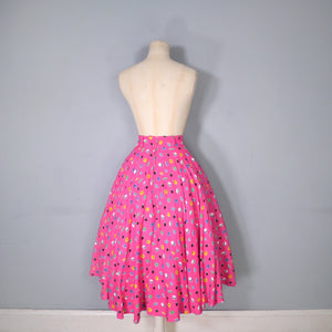 70s DAVID SILVERMAN HOT PINK LIQUORICE ALLSORTS MIDI CIRCLE SKIRT - 24"