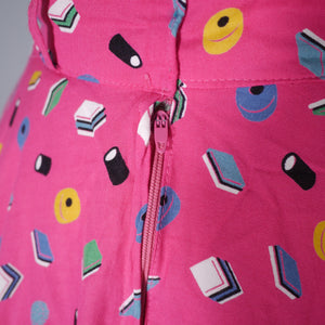 70s DAVID SILVERMAN HOT PINK LIQUORICE ALLSORTS MIDI CIRCLE SKIRT - 24"