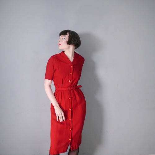 RED 40s / 50s THICKER WOVEN RAYON BUTTON THROUGH DRESS WITH BELT - S