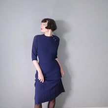 Load image into Gallery viewer, 50s BRITTANY CLUB NAVY BLUE BOUCLE KNIT FITTED DRESS - M-L