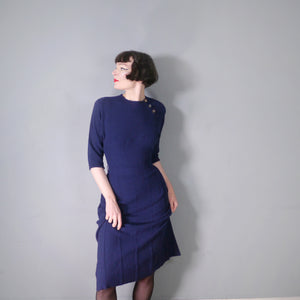 50s BRITTANY CLUB NAVY BLUE BOUCLE KNIT FITTED DRESS - M-L