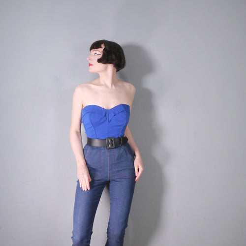 50s DEEP BLUE BONED STRAPLESS SUN TOP CORSET BUSTIER BY AQUAPOISE - M