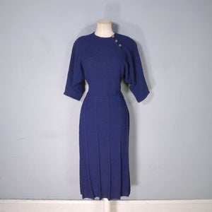 50s BRITTANY CLUB NAVY BLUE BOUCLE KNIT FITTED DRESS - M-L