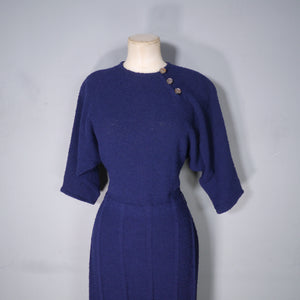 50s BRITTANY CLUB NAVY BLUE BOUCLE KNIT FITTED DRESS - M-L