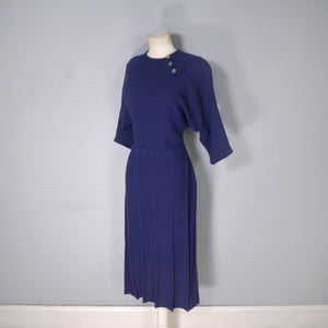 50s BRITTANY CLUB NAVY BLUE BOUCLE KNIT FITTED DRESS - M-L