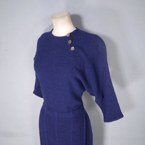 50s BRITTANY CLUB NAVY BLUE BOUCLE KNIT FITTED DRESS - M-L