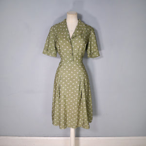 40s 50s PURE SILK OLIVE GREEN MOON PRINT DRESS - S