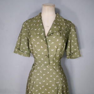 40s 50s PURE SILK OLIVE GREEN MOON PRINT DRESS - S