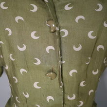 Load image into Gallery viewer, 40s 50s PURE SILK OLIVE GREEN MOON PRINT DRESS - S