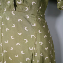 Load image into Gallery viewer, 40s 50s PURE SILK OLIVE GREEN MOON PRINT DRESS - S