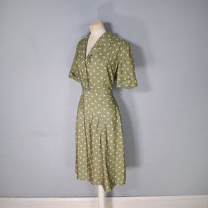 40s 50s PURE SILK OLIVE GREEN MOON PRINT DRESS - S