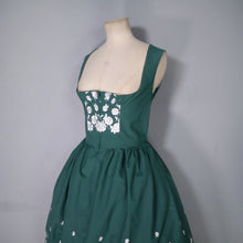 Load image into Gallery viewer, 70s GREEN AND WHITE FLORAL EMBROIDERED DIRNDL DRESS - S