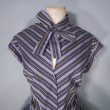 Load image into Gallery viewer, 50s GREY YELLOW AND BLACK CHEVRON STRIPE TIE NECK DRESS - M-L (tall fit)