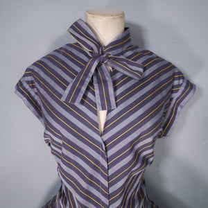 50s GREY YELLOW AND BLACK CHEVRON STRIPE TIE NECK DRESS - M-L (tall fit)