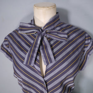 50s GREY YELLOW AND BLACK CHEVRON STRIPE TIE NECK DRESS - M-L (tall fit)