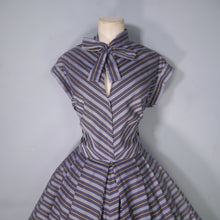 Load image into Gallery viewer, 50s GREY YELLOW AND BLACK CHEVRON STRIPE TIE NECK DRESS - M-L (tall fit)