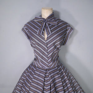 50s GREY YELLOW AND BLACK CHEVRON STRIPE TIE NECK DRESS - M-L (tall fit)