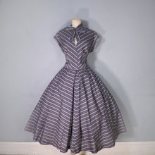 Load image into Gallery viewer, 50s GREY YELLOW AND BLACK CHEVRON STRIPE TIE NECK DRESS - M-L (tall fit)