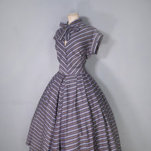 Load image into Gallery viewer, 50s GREY YELLOW AND BLACK CHEVRON STRIPE TIE NECK DRESS - M-L (tall fit)