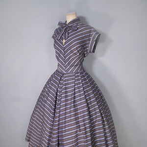 50s GREY YELLOW AND BLACK CHEVRON STRIPE TIE NECK DRESS - M-L (tall fit)