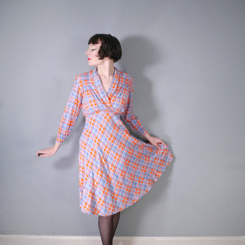 40s HANDMADE BRIGHT ORANGE AND LIGHT BLUE PLAID BIAS CUT DRESS - S