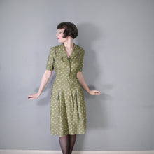 Load image into Gallery viewer, 40s 50s PURE SILK OLIVE GREEN MOON PRINT DRESS - S