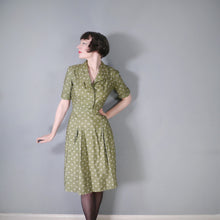 Load image into Gallery viewer, 40s 50s PURE SILK OLIVE GREEN MOON PRINT DRESS - S