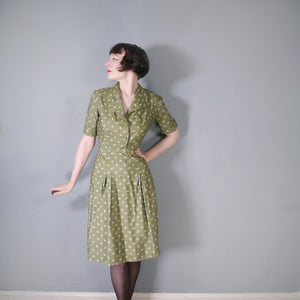 40s 50s PURE SILK OLIVE GREEN MOON PRINT DRESS - S