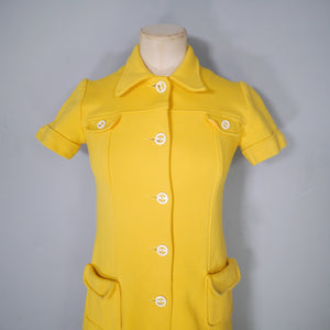 60s YELLOW MOD PONTE KNIT BUTTON THROUGH MINI SHIFT DRESS - XS