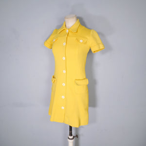 60s YELLOW MOD PONTE KNIT BUTTON THROUGH MINI SHIFT DRESS - XS