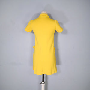 60s YELLOW MOD PONTE KNIT BUTTON THROUGH MINI SHIFT DRESS - XS