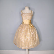 Load image into Gallery viewer, 50s 60s &quot;BLANES&quot; GOLD METALLIC LACE STRAPPY PARTY / COCKTAIL DRESS - L / volup