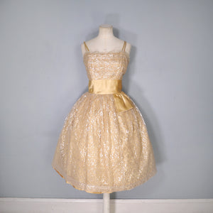 50s 60s "BLANES" GOLD METALLIC LACE STRAPPY PARTY / COCKTAIL DRESS - L / volup