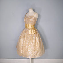 Load image into Gallery viewer, 50s 60s &quot;BLANES&quot; GOLD METALLIC LACE STRAPPY PARTY / COCKTAIL DRESS - L / volup