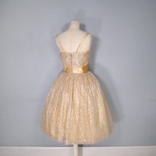 Load image into Gallery viewer, 50s 60s &quot;BLANES&quot; GOLD METALLIC LACE STRAPPY PARTY / COCKTAIL DRESS - L / volup