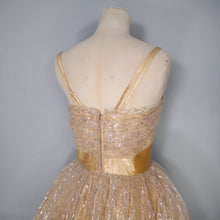 Load image into Gallery viewer, 50s 60s &quot;BLANES&quot; GOLD METALLIC LACE STRAPPY PARTY / COCKTAIL DRESS - L / volup