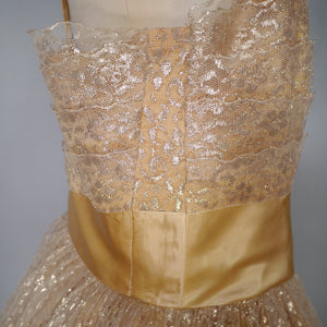 50s 60s "BLANES" GOLD METALLIC LACE STRAPPY PARTY / COCKTAIL DRESS - L / volup