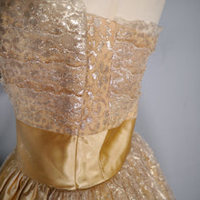 Load image into Gallery viewer, 50s 60s &quot;BLANES&quot; GOLD METALLIC LACE STRAPPY PARTY / COCKTAIL DRESS - L / volup